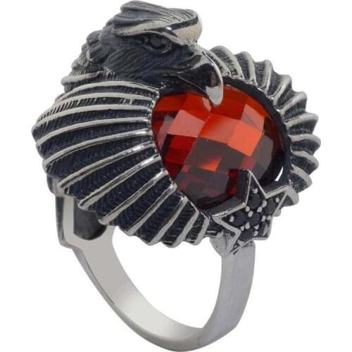 3D Eagle Crescent and Star 925 Sterling Silver Mens Ring with Red Zircon Stone Animal Bird Ring Silver Exclusive Ring