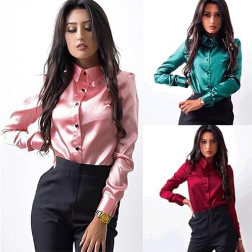 Blusa Women Blouse Elegant Wine red Green Satin Shirt Turn Down Collar Longth Sleeve Female Formal Office OL Blouse Women Tops