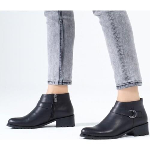 Callizio Womens Genuine Leather Boots Ankle High Heels Metal Buckle Zipper Low Cut Formal Handmade New Season Quality Round Toe Square Heels Black Fashion Trend Chic Style Small Size 5 Boot Shoes for Woman 2021