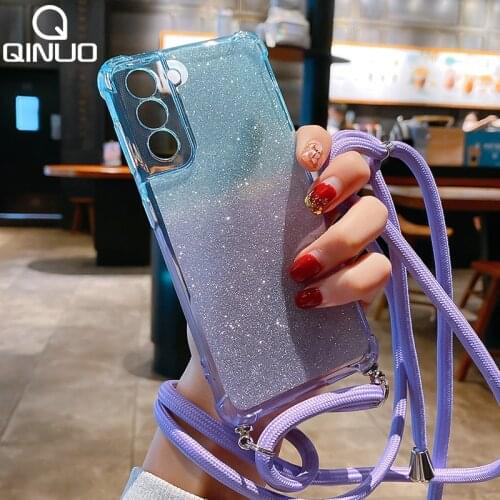 Crossbody Lanyard Neck Strap Case For Samsung Galaxy A52 S21 Ultra S20 FE S10 Plus Note 20 A71 A21S A12 A32 Clear Glitter Cover
