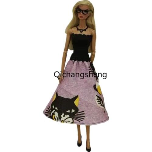 Black Pink Cartoon Cat 1/6 BJD Clothes For Barbie Doll Outfits Off Shoulder Floral Evening Dress Princess Gown 11.5" Accessories