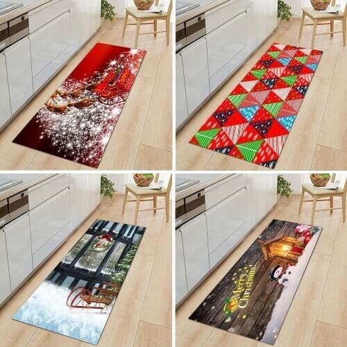 Santa Claus Snowman Elk Printed Flannel Christmas Carpet Kitchen Bathroom Room Anti-slip Door Floor Mat Xmas Home Decoration New