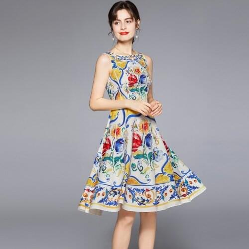 JSXDHK New Arrival Runway Womens Sleeveless Dress Fashion Summer O Neck Gorgeous Floral Printed Tank Slim Ball Gown Party Dress