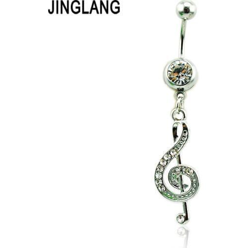 JINGLANG Classic Belly Button Rings Stainless Steel Barbells Dangle Crystal Music Navel Piercing For Women Body Jewelry