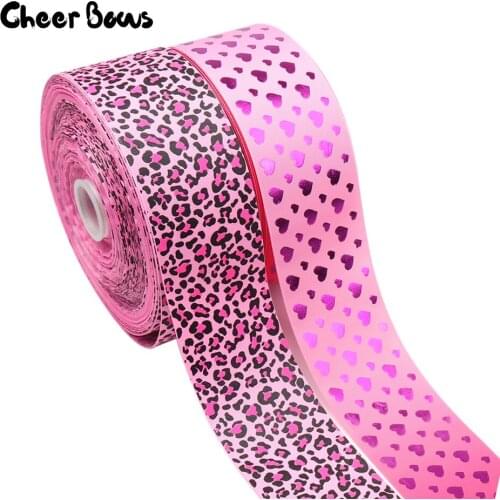 2Yards Pink Leopard Grosgrain Ribbon Foil Heart Printed Ribbon For Needlework DIY Hair Bows Party Decor Gift Wrapping Materials
