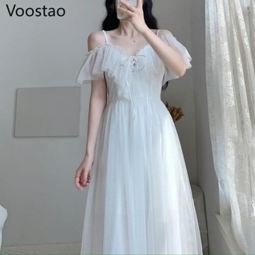 Summer French Sweet Mesh Fairy Dress Women Elegant Chic Ruffles Bandage Holiday Party Dress Female Sexy Beach Boho Strap Dresses