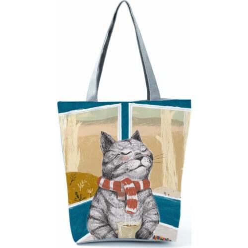 Hot Sale Cat Printed Handbag High Capacity Women Shoulder Bag Cartoon Animal Eco Reusable Foldable Shopping Bag Custom Pattern