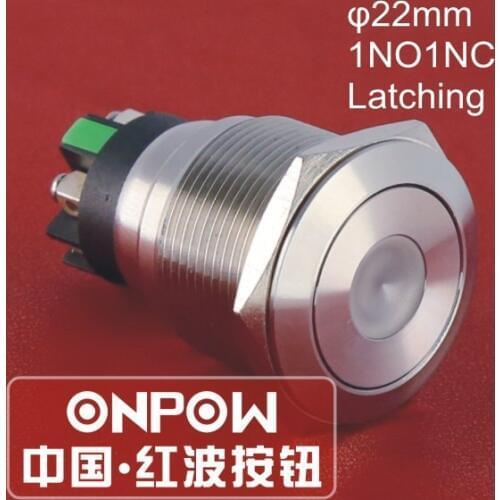 ONPOW 22mm Flat Head Dot LED Latching Waterproof IP65 Metal Push Button Switch 1NO1NC (GQ22-L-11ZD/G/12V/S) CE, RoHS