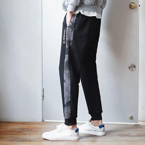 Fashion mens Sweatpants Spring autumn mens Side camouflage stripes Pencil pants male Waist tether loose Beam foot trousers