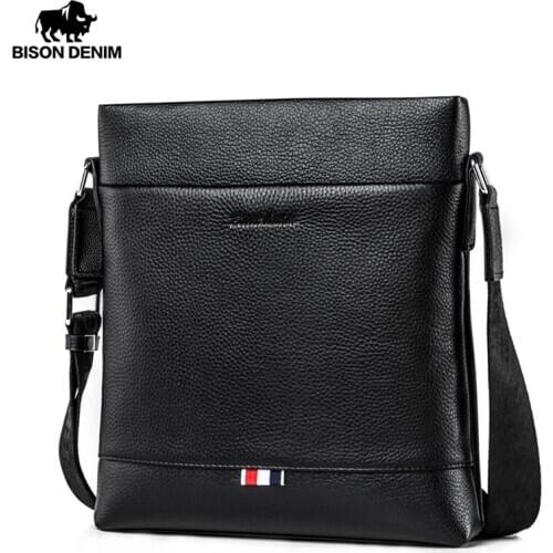 Bison Denim New Casual Mens Genuine Leather Bag Business Crossbody Bag iPad Mens Messenger Bag Classic Black bolsas male