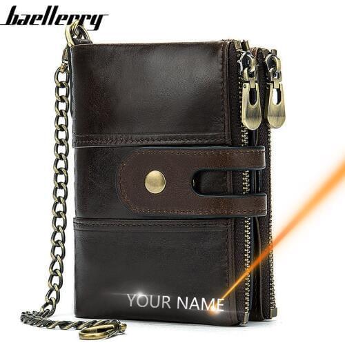 Customized Men Wallets Name Engraving Anti-theft Chain Zipper Male Purse 100% Genuine Leather Vintage High Quality Men Wallet
