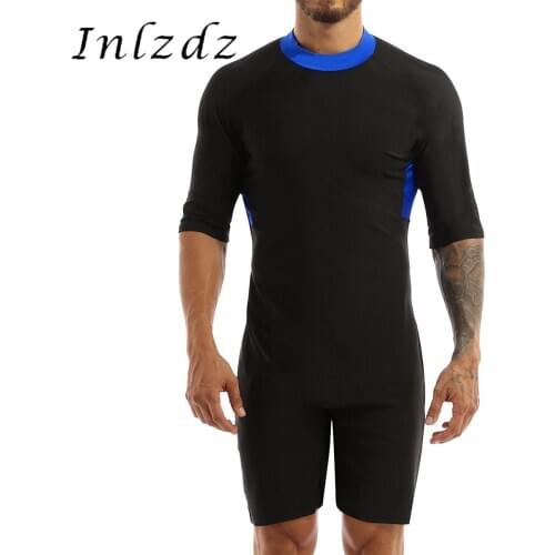Mens Leotard Bodysuit Round Neck Half Sleeves Jumpsuit Shorty Wetsuit Diving Swimming Snorkeling Surfing Scuba Warm Swimwear
