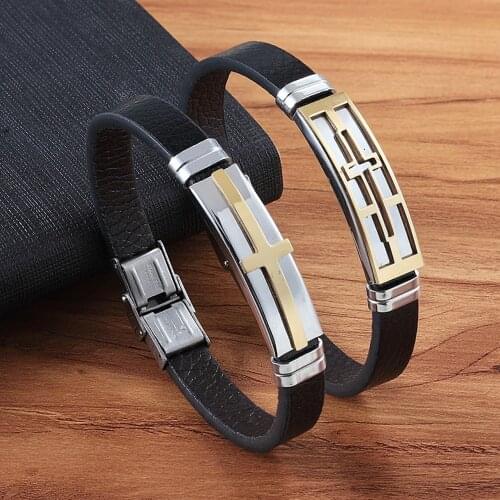 XQNI Accessories Gift Bracelets Set Series Multiple Styles 21CM Black PU Leather Stainless Steel Bracelet & Bangle For Men