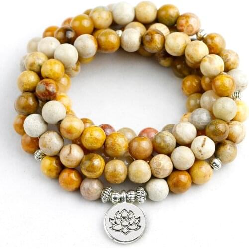 Natural Fossilized Coral Wrist Mala 8mm OM Charm 108 Prayer Beads Bracelet Necklace Men Women Yoga Jewelry Gift for Yoga Lovers