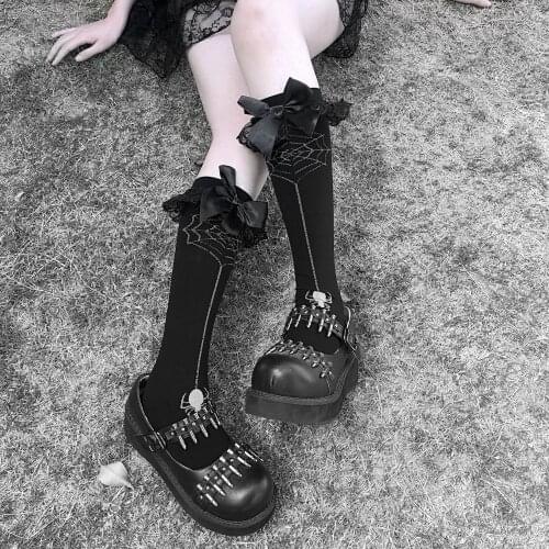 Punk Japanese Harajuku spider web bow tie black socks dark gothic lolita girls elastic middle tube woman socks