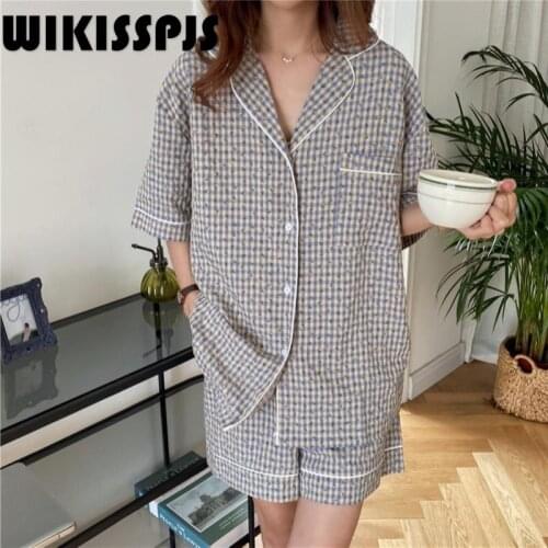 2021 Summer Korean Fresh Fragmentary Plaid Pajamas Womens Short Sleeve Home Suit Bedroom Set Lounge Wear Sleepwear