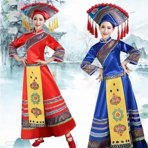 New Guangxi Zhuang national ethnic minority adult Dance Costume women March 3 hat+skirt+jacket group dance performance Costume