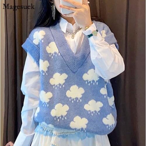 Autumn Winter Knitted Vest Sweater Women Sleeveless Loose V-neck Pullover Sweaters Clouds Print Knit Vest Women Clothing 15990