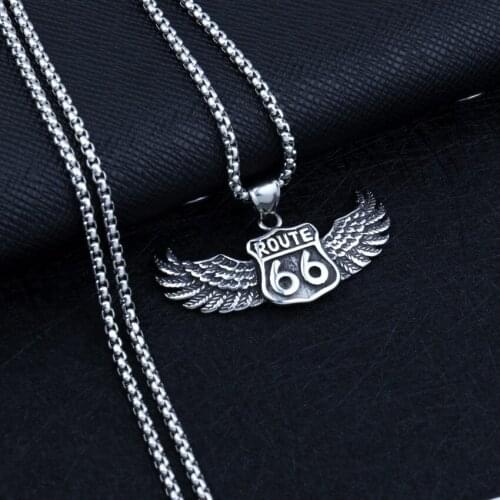 Women Gothic Jewelry With Stainless Steel Chain Punk ROUTE 66 Angel Wings Feather Pendant Necklace For Men