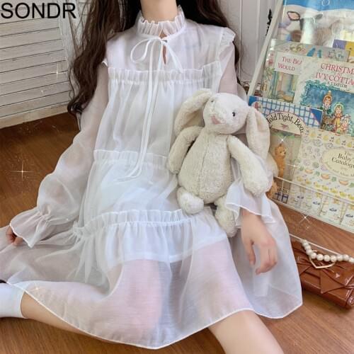 Japanese Soft Girl Sweet Princess Dress Women Flare Sleeve Ruffle Lace Up Cute Girl Dresses Vestidos White Black Lolita Dress