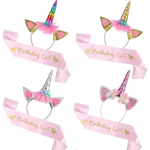 2pcs Birthday Girl Unicorn Headband with Sash Baby Shower Girl 1st One Year Birthday Party Decorations kids Unicorn Party Supply