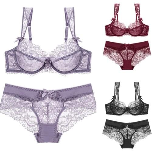 Plus Size 2 Piece Women Lingerie Set Sexy Lace Underwear Ultra-Thin No Sponge Transparent See Through Push Up Bra And Panty Set