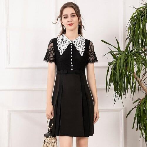 Spring New Moda Lace Patchwork Slim Mini Dress Woman Elegant Turn Down Collar Single Breasted Black Dresses Ladies Wear