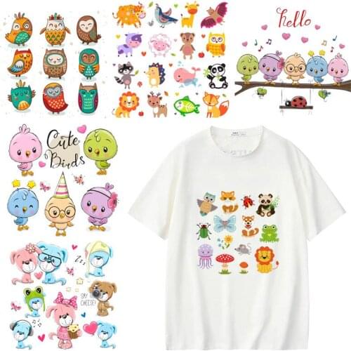 Cartoon Animal Patch Heat Transfer Iron on Transfers Cute Bird Cat Patches for Kids Girl Clothing T-shirt DIY Transfer Press
