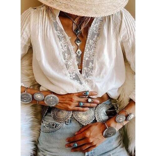 GypsyLady White Blouse Shirt Lace Inserted Chic Boho Blouse Loose Long Sleeve V-neck Elegant Shirt Female Tunic Top Blusas
