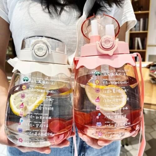 1300ml Woman Water Bottle with Straw BPA Free Plastic Drinking Bottle with Strap Portable Sport Time Marker Bottle for Fitness
