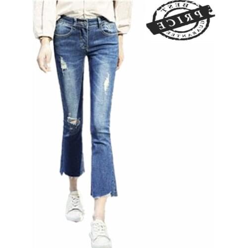 Womens Flare Jean Ankle-Length Pants 2021 New Fashion Jeans with Holes High Waist Slim Fit Female Casual Trousers LWL520