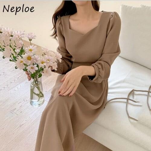Neploe Sexy V-neck Ruffles Mermaid Dress 2021 New Autumn Bodycon Dresses Women Vintage Elegant Solid Color Slim Fit Vestidos