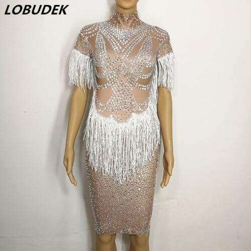 Sparkly Glass Rhinestones white tassels dress Female Adult Costume Bar Nightclub DJ singer Leading dancer singe star stage Dress