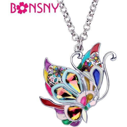 Bonsny Enamel Alloy Rhinestone Colorful Fashion Butterfly Pendant Necklace Collar Chain Jewelry For Women Girls Charms Lots Gift