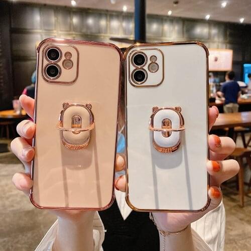 6D Bear Finger Ring Holder Case for iPhone 12 Mini 11 Pro 12Pro Xs Max X Xr 7 8 Plus Soft Plating TPU Camera Protection Cover