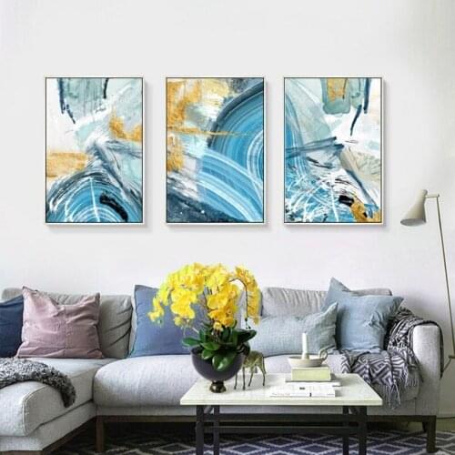 Frameless Abstract Blue Gold Foil Modern Decorative Painting Core Minimalist Wall Art Living Room Bedroom Hanging Painting