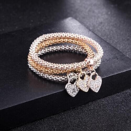 Hot Sale Plated Gold CZ Crystal Heart Pendant Bracelet & Bangles Set 3pcs Fashion Woman Party Jewelry 2020 New Arrival