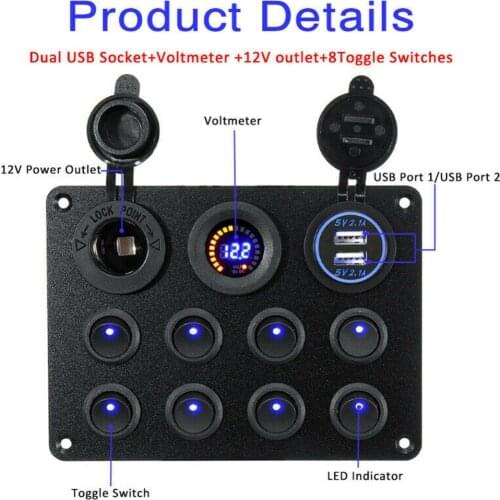 5/8 Gang Push Button Rocker Toggle Switch Panel With 12-24V Dual USB Charger Car Circuit Breaker For Car RV Truck Camper Caravan