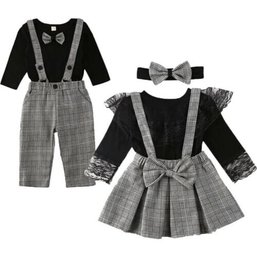 Family Matching Clothes Set Little Brother Long Sleeve Black T-shirt Bodysuit Overall Big Sister Plaid Strap Skirt Pants Outfit
