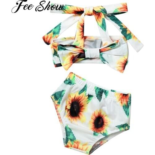 Toddler Baby Girls Swimsuit Two pieces Swimwear Bowknot Halter Tube Top Bikini Beach Bathing Suits Beachwear for Kids Girls