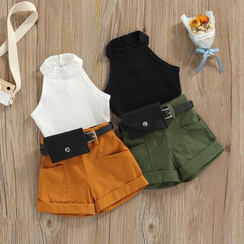 1-6Y Baby Girls Clothes Set 2021 Summer Children Short Puff Sleeve Ribbed Knit T-shirt+Ripped Denim Shorts Fashion Kids Outfits