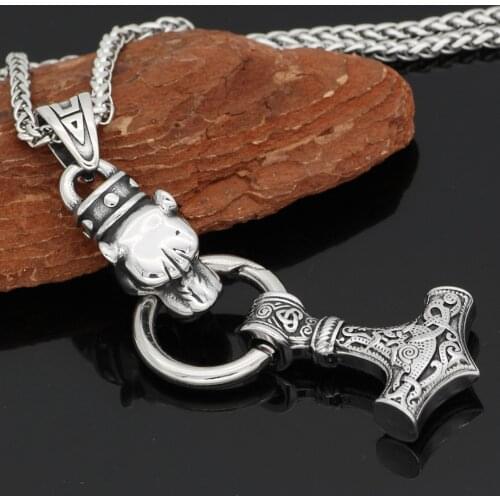 Men Stainless Steel odin wolf head with thor hammer MJOLNIR knot amulet pagan pendant necklace