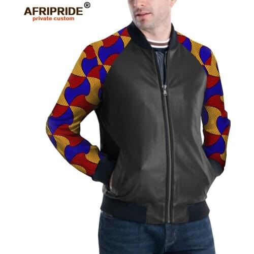 Mens PU Leather Jacket African Dashiki Outwear Print Sleeve Ankara Blazer Zipper Biker Coat for Winter AFRIPRIDE A1914009