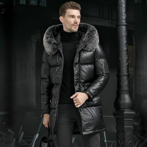 New Men Winter 95% White Duck Down Jacket Cowhide Genuine Leather Mens Down Long Coat Real Fox Fur Collar -40 Degree Keep Warm