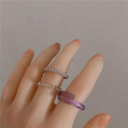 New3-piece Korea Chic Vintage Colorful Transparent Resin Acrylic Beaded Rings Hot Morandi Color Women Party Jewelry Ring Set-A