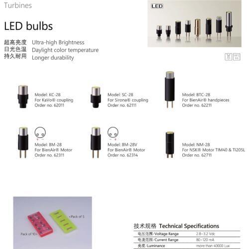 New 5pcs KAVO SIRONA BEINAIR fiber optic handpiece led bulb Beinair motor NSK electical motor replace LED bulb