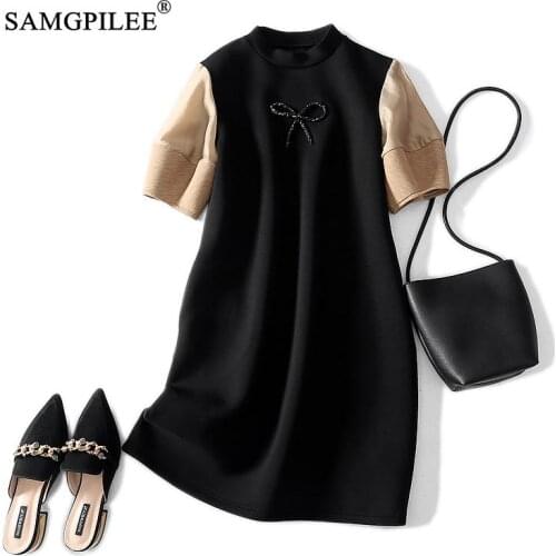 Autumn Dresses For Women Casual A-line Patchwork Short Sleeve Bow Dress Plus Size Knee-length Lantern Sleeve O-neck Dress Women