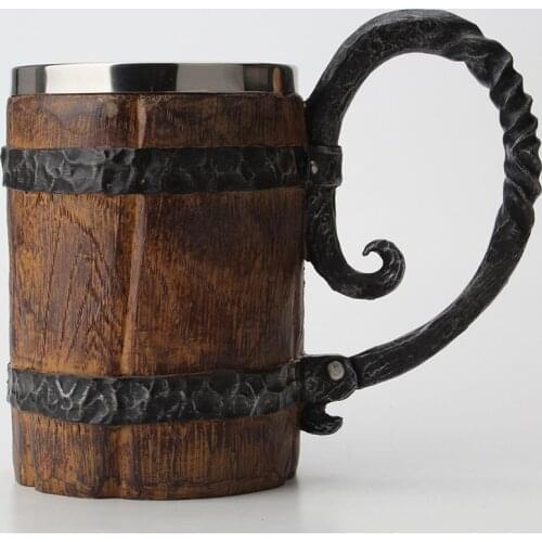 Viking wood style beer mug Simulation Crude Wooden Resin Stainless Steel Double Wall Big Drinking Coffee Mugs Water Cup