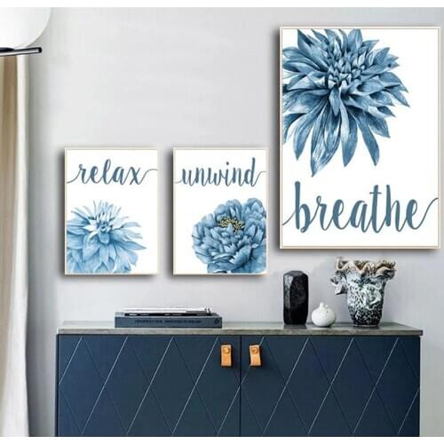 Plant Bathroom Quote Canvas Painting Blue Flower Relax Soak Breath Relax Letter Poster Wall Art Picture Home Decoration