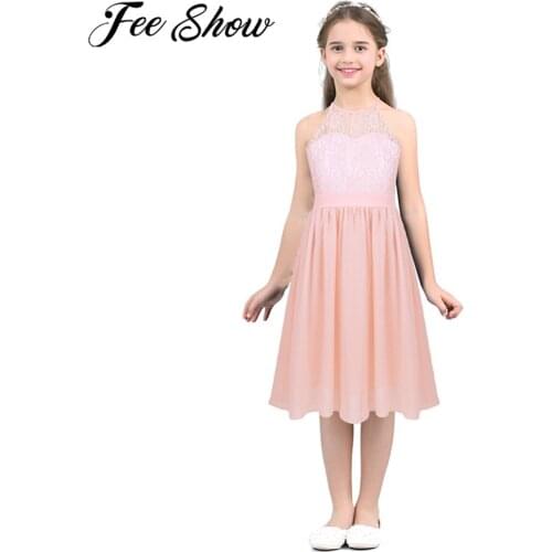 Feeshow 4-16 Girls Dress Lace Chiffon Flower Girl Dress Princess Pageant Wedding Bridesmaid Birthday Party Dress Kid Clothes